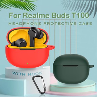 เคสหูฟัง ซิลิโคนนิ่ม กันฝุ่น พร้อมตะขอ สีพื้น สําหรับ Realme Buds T100 TWS T100