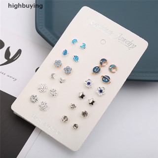 [highbuying] ต่างหูสตั๊ด รูปดวงจันทร์ ดาว ดาวเคราะห์ เกล็ดหิมะ ประดับพลอยเทียม โลหะผสม ของขวัญ สําหรับวัยรุ่นผู้หญิง 12 คู่/ชุด