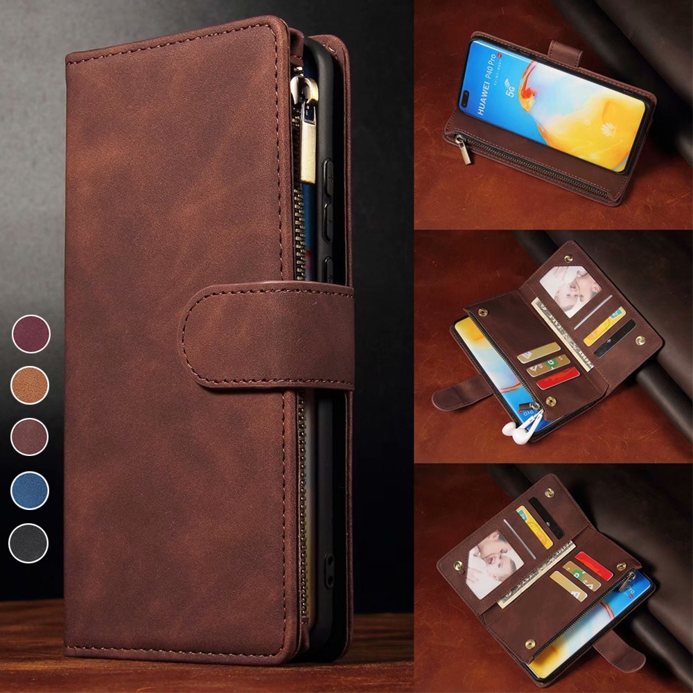 เคสฝาพับ เคสเปิดปิด Case for Samsung Galaxy Note 9 10 10+ 20 S8 S9 S10 Lite S10e S20 Plus S21 Ultra S8+ S9+ S10+ S20+ S21+ เคสโทรศัพท์หนัง TPU นิ่ม ฝาพับ พร้อมช่องใส่บัตร และขาตั้ง มีซิป สําหรับ Leather Flip Cover Magnet Zipper Wallet Multi Card Slots