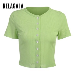 Relagala เสื้อยืด คอกลม แขนสั้น กระดุมแถว สีพื้น แฟชั่นสําหรับผู้หญิง 2023