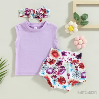 Babygarden-0-18 เดือน ชุดเสื้อผ้าเด็กผู้หญิง, เสื้อกล้ามคอกลม แขนกุด สีพื้น + กางเกงขาสั้น พิมพ์ลายดอกไม้ + ที่คาดผม