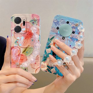 2023 New Casing Honor X9a X7a 5G เคส Vintage Premium Blu-ray Rhinestone Oil Painting Flower Phone Case with Bracelet Soft Case เคสโทรศัพท