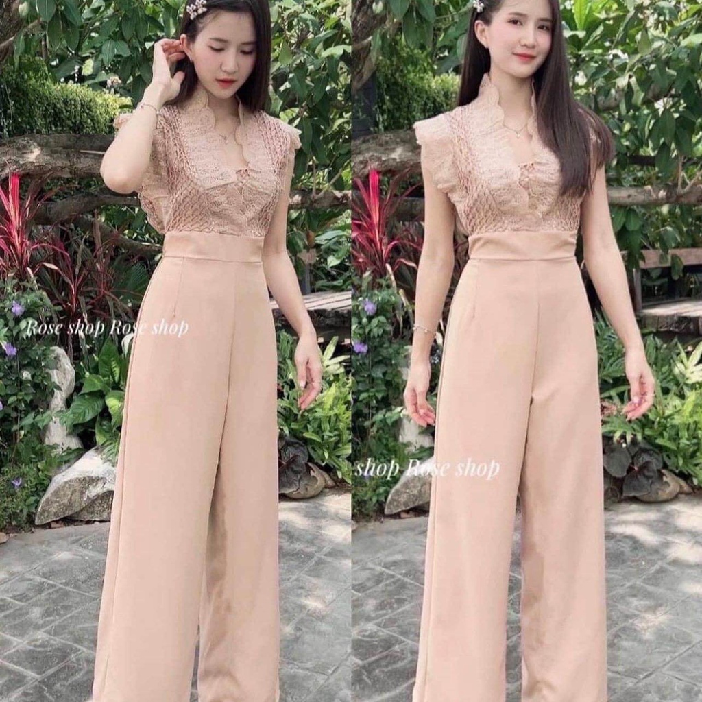 "ชุดจั้มขายาว เสื้อลายลูกไม้"