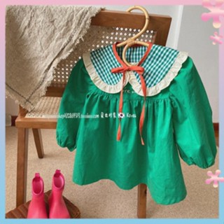 Korean childrens clothing 2021 autumn and winter girls retro dress baby girls plaid collar Princess dress childrens contrast color dress