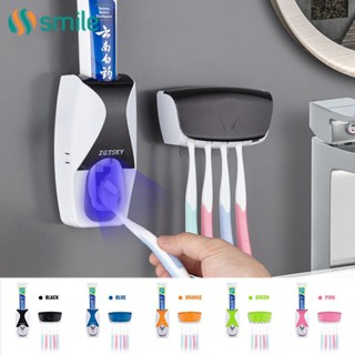 ღ เครื่องจ่ายยาสีฟันอัตโนมัติที่ใส่แปรงสีฟัน Dustproof Toothbrush Storage Rack Wall Mount Self Adhesive Toothpaste Squeezer อุปกรณ์ห้องน้ำ