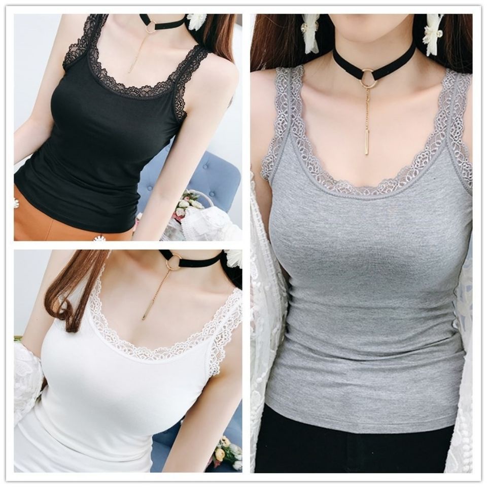 เสื้อสายเดี่ยว แขนกุด แต่งขอบลูกไม้ แบบบาง สไตล์เกาหลี สําหรับผู้หญิง