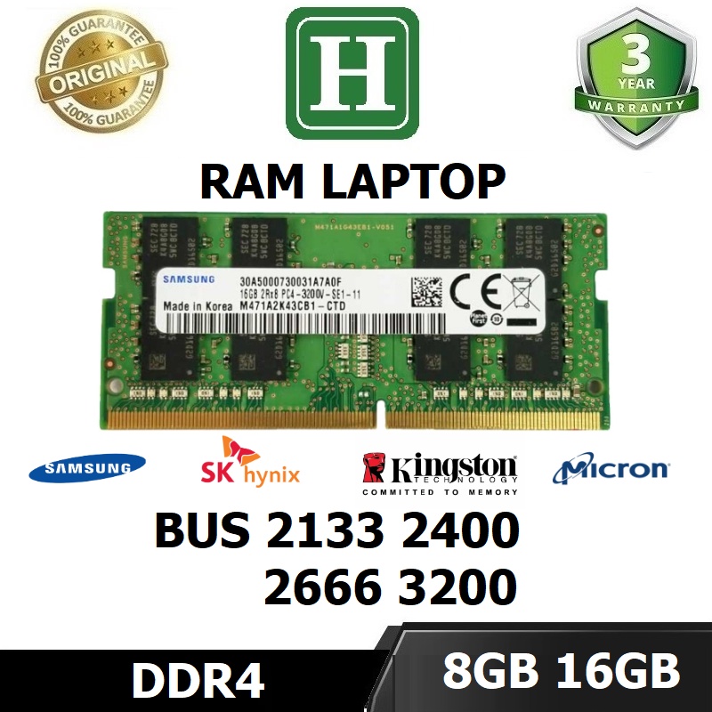 Laptop Ram DDR4 8GB, 16GB Bus 2133, 2400, 2666, 3200 ถอดประกอบแท้ 3 ปี