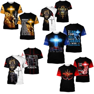 เสื้อยืดแขนสั้น พิมพ์ลายกราฟฟิคพระเยซู Warrior Cross Christ Amen 3 มิติ ระบายอากาศ สวมใส่สบาย แฟชั่นฤดูร้อน สําหรับผู้ชาย และผู้หญิง