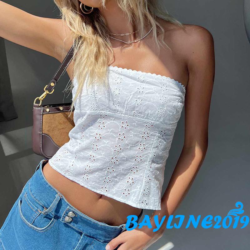 Bay-women Bandeau เสื้อปิดไหล่สีทึบฤดูร้อนสบายๆที่ไม่มีสายหนังแขนกุด Crop Tops Streetwear Club Wear