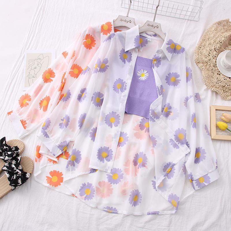 พร้อมส่งจากไทย เสื้อเทศกาลสงกรานต์แฟชั่นฤดูร้อน เสื้อเชิ้ตกันแดดผ้าบางลายดอกเดซี่แขนยาวผ้าชีฟองผู้หญิง