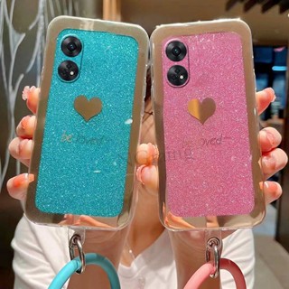 เคสโทรศัพท์มือถือแบบนิ่ม ลายกลิตเตอร์ สีทอง พร้อมสายคล้องมือ สําหรับ OPPO Reno8 T 4G 5G Reno 8T