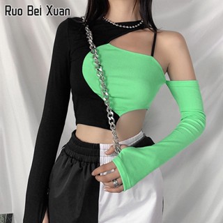 RUO BEI XUAN เสื้อแขนยาวผู้หญิง 2023 ใหม่เข้ารูปเสื้อยืดแขนยาวไหล่ไม่สม่ำเสมอ