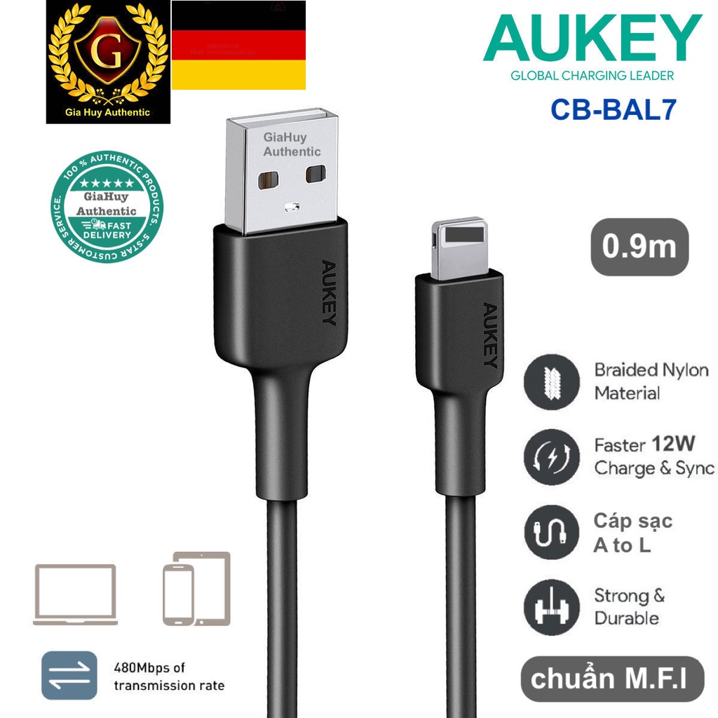 AUKEY CB-BAL7 A to L 12W สายชาร์จแบบถักไนลอน มาตรฐาน ML ยาว 0.9m