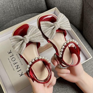 Kids Elegant Rhinestone Bow Sandals Girls Pearl Ankle Strap Dress Shoes for Wedding Party