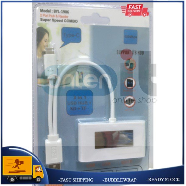 BYL-1906 2 PORT HUB & CARD READER COMBO 3 IN 1 USB HUB +SD + TF