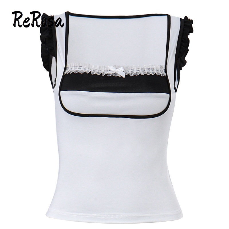 Rerosa เสื้อกล้ามลําลอง คอสี่เหลี่ยม แต่งลูกไม้ สีตัดกัน แฟชั่นสําหรับสตรี 2023