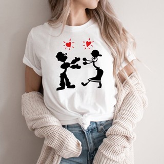 เสื้อยืด พิมพ์ลายกราฟิก Popeye and Olive Oyl สไตล์คลาสสิก สีเขียว สําหรับผู้หญิง_03