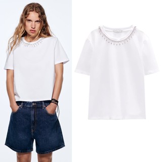 Zara เสื้อยืดแขนสั้น คอฝังเครื่องประดับ สีขาว แฟชั่นฤดูร้อน สําหรับผู้หญิง 7901169