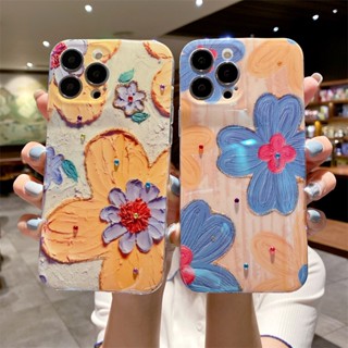 เคสโทรศัพท์มือถือ แบบนิ่ม ลายจุด ภาพวาดสีน้ํามัน รูปดอกไม้ สีเหลือง และสีฟ้า สําหรับ iPhone 14 13 12 14 Pro Max iP11 iP14 Plus X Xr 7 8 Plus