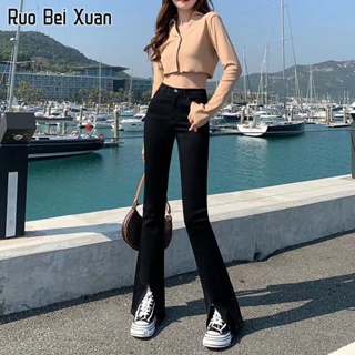 RUO BEI XAUN กางเกงขายาวผู้หญิง สไตล์เกาหลี เอวสูง กางเกงขาบาน กางเกงโชว์ขา กางเกงลำลองขากว้าง