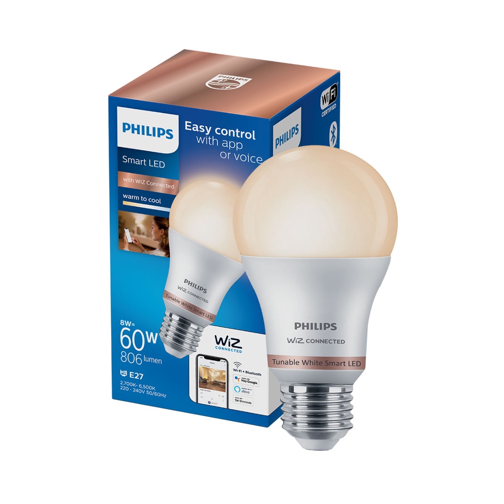 หลอดไฟ LED 8 วัตต์ Cool Day Light/Warm White PHILIPS รุ่น WIZ E27 A60
