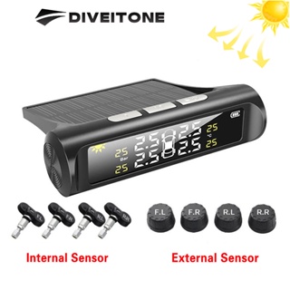 DIVEITONE ระบบตรวจสอบแรงดันลมยางรถ TPMS พลังงานแสงอาทิตย์จอแสดงผล LCD ดิจิตอลอัตโนมัติระบบเตือนความปลอดภัยเซ็นเซอร์ความดันภายนอก