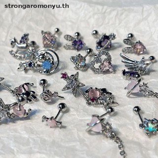 Strongaromonyu ต่างหูสตั๊ด ประดับเพทาย รูปหมี สีชมพู น่ารัก สไตล์พังก์ สําหรับผู้หญิง