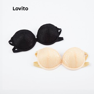 Lovito 2 ชิ้นบราเกาะอก แต่งลูกไม้ หรูหรา พร้อมแผ่นซับใน ถอดไม่ได้ L26AD117 (สีแอปริคอท/ดํา)