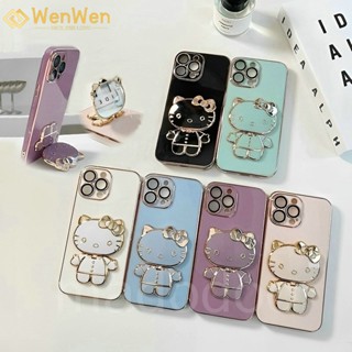 Wenwen เคสโทรศัพท์มือถือแบบนิ่ม บาง กันกระแทก ลายการ์ตูนคิตตี้น่ารัก 6D พร้อมกระจกขาตั้ง สําหรับ Samsung Galaxy S23 Ultra Plus S22 S10 S23+ S22+ S10+