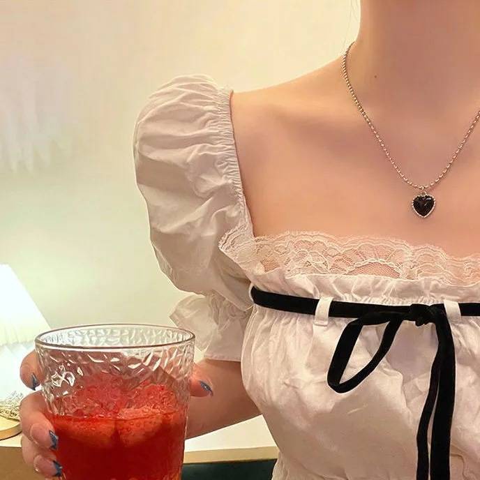 สร้อยคอจี้รูปหัวใจ จี้อัญมณีสีดำ สร้อย สร้อยเงิน สร้อยแฟชั่น เครื่องประดับของผู้หญิง สไตล์ญี่ปุ่นเกาหลี N22