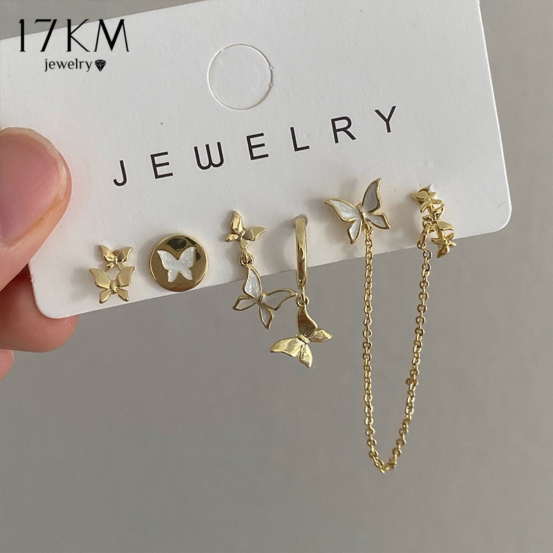 ต่างหูสตั๊ด ทองคํา 17 กม. จี้รูปผีเสื้อ เครื่องประดับ สไตล์เกาหลี สําหรับผู้หญิง Y2k