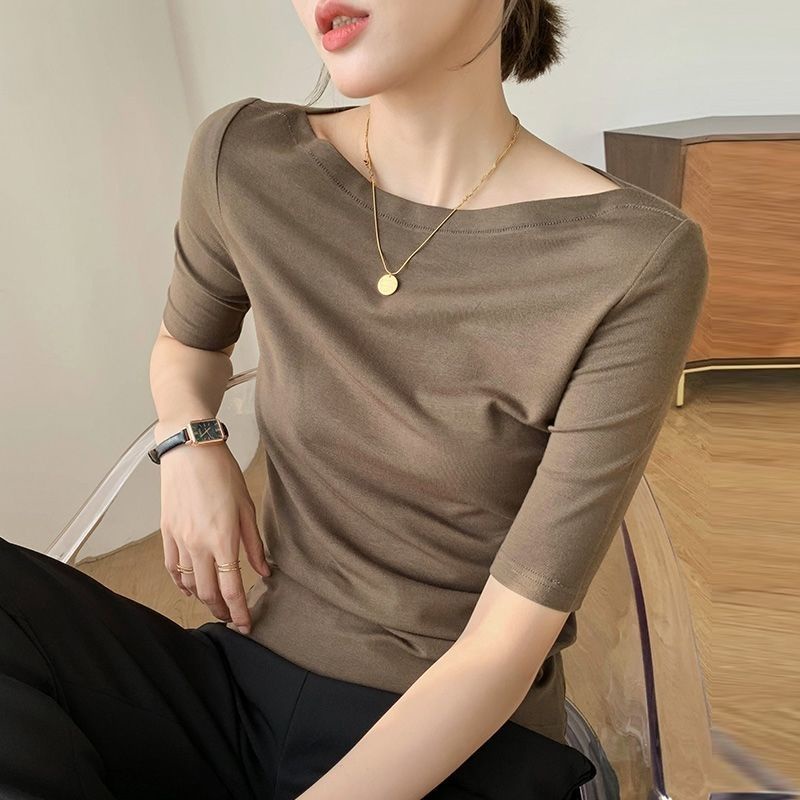 เสื้อยืด แขนห้าส่วน คอเดียว แบบบาง แฟชั่นฤดูใบไม้ผลิ และฤดูร้อน สําหรับผู้หญิง