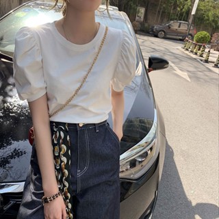 Short-sleeved T-shirt Cotton Puff Sleeves Womens Fashion All-match Round Neck Top White Bottoming Shirt