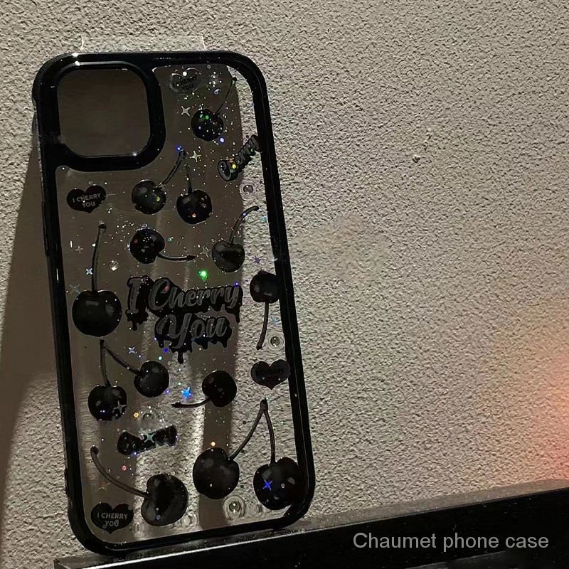 เคสโทรศัพท์มือถืออะคริลิคใส ลายเชอร์รี่ สีดํา สําหรับ Apple Iphone 13promax 14 12 11 xr 8
