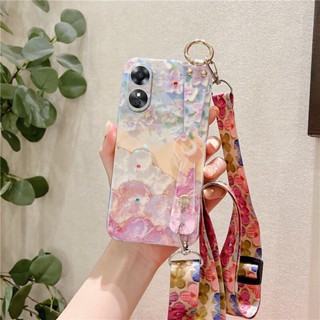 เคสโทรศัพท์มือถือแบบนิ่ม TPU ลายภาพวาดสีน้ํามัน รูปดอกซากุระ พร้อมสายคล้องคอ สไตล์โรแมนติก แฟชั่น สําหรับ OPPO A78 Reno8 T Reno 8T 5G 4G 2023