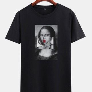 เสื้อยืดคอกลม แขนสั้น พิมพ์ลายกราฟฟิค Kuso Mona Lisa สีดํา แฟชั่นสําหรับสตรี