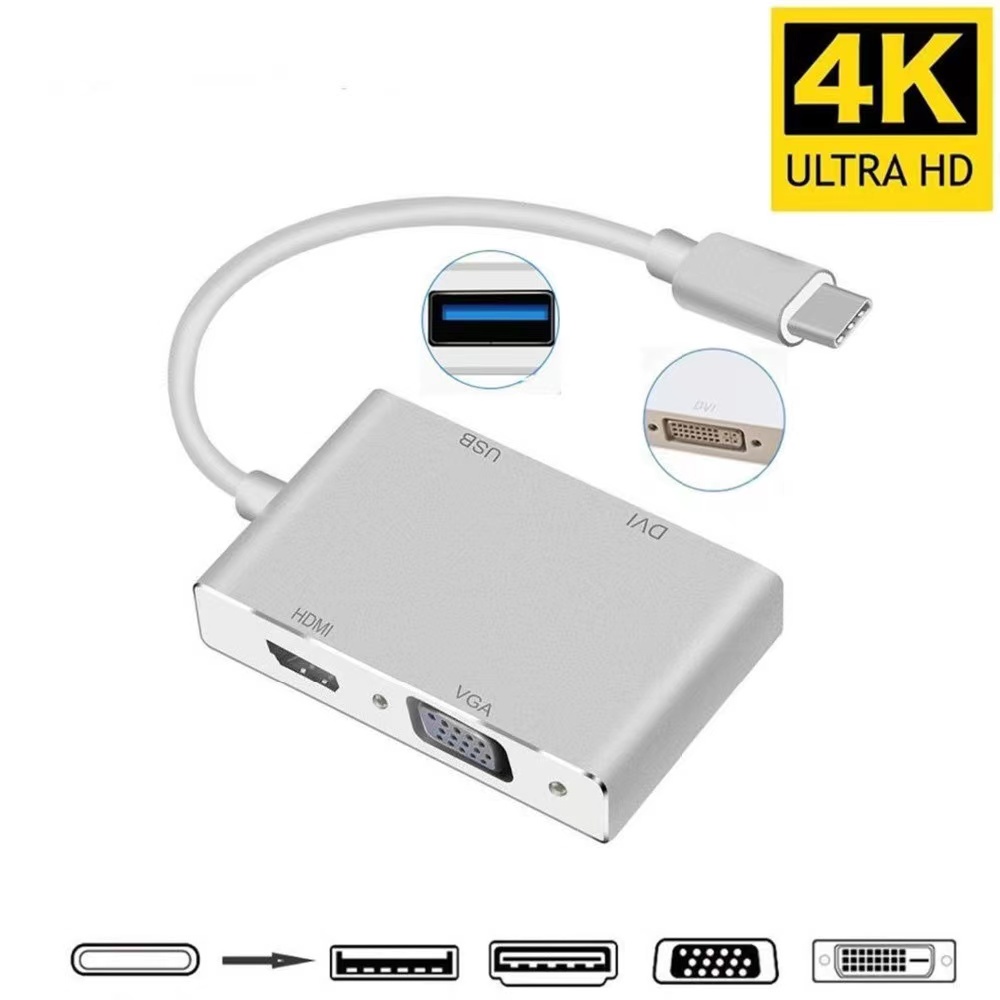 USB C Hub 4 in 1 Type C to HDMI+VGA+DVI 4K for MacBook Pro 2020, MacBook Air 2020, iPad Pro 2020, SA