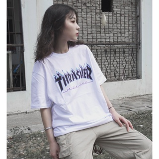 2023Thrasher เสื้อ เปลวไฟ สตรีท เปลวไฟ เสื้อยืดสวยๆ แขนสั้นคู่รัก ใส่ได้ทั้งชายและหญิง เสื้อยืดแฟชั่นคอกลม