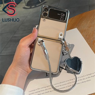 Lushuo เคสโทรศัพท์มือถือแบบใส ฝาพับ พร้อมสายโซ่โลหะ กระจก รูปหัวใจ สําหรับ Samsung Galaxy Z Flip 3 5G and Z Flip 4 3 IN 1 Z Flip3 ZFlip3 ZFlip 3 Z Flip4 ZFlip 4