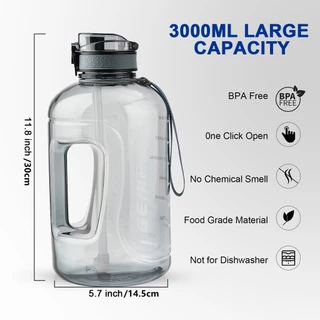 GEMFUL ขวดน้ําขนาดใหญ่ 3 ลิตรพร้อมเครื่องหมายเวลา BPA ฟรีเหยือกดื่มความจุขนาดใหญ่สําหรับกีฬา
