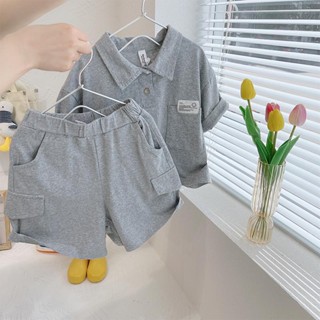 ฤดูร้อนเกาหลี ใหม่ เด็กผู้ชาย ผ้าฝ้าย บาง ลําลอง หลวม สีพื้น เสื้อยืดแขนสั้น + กางเกงขาสั้น ชุดสองชิ้น
