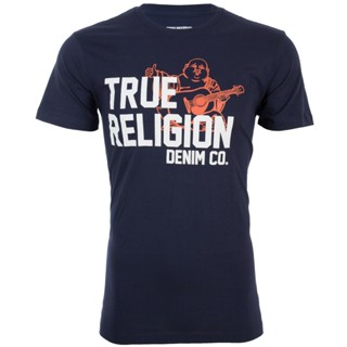 TRUE RELIGION Mens T-Shirt BUDDHA Approved Navy Blue w White Orange Printing NWT_01