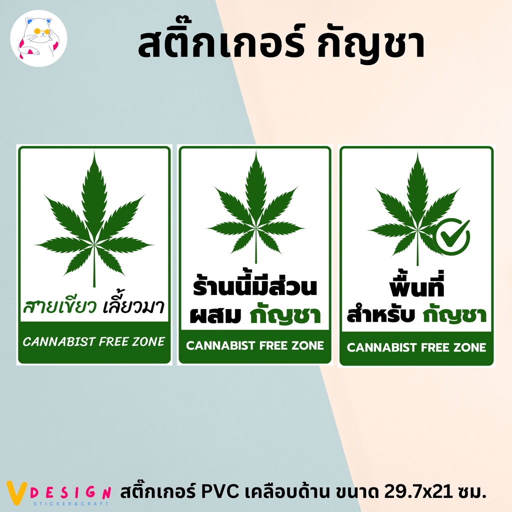 สติ๊กเกอร์ "ร้านนี้มีส่วนผสม กัญชา" สติ๊กเกอร์ PVC เคลือบด้าน กันน้ำ กันแดด ขนาด A4 29.7x21 ซม.