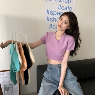 Suxi เสื้อท็อป คอวี แขนสั้น ผ้าถัก สีพื้น เรียบง่าย สําหรับผู้หญิง