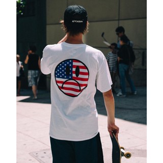 เสื้อยืดผ้าฝ้ายพรีเมี่ยมเสื้อยืดแขนสั้น พิมพ์ลายธงชาติสเก็ตบอร์ด Huf Bummer USA SS แฟชั่นคู่รัก เสื้อแขนสั้น