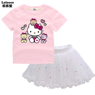 ชุดเสื้อยืด ลาย Hello Kitty และกระโปรงทูตู สองชิ้น แฟชั่นฤดูร้อน สําหรับเด็กผู้หญิง เหมาะกับงานปาร์ตี้วันเกิด