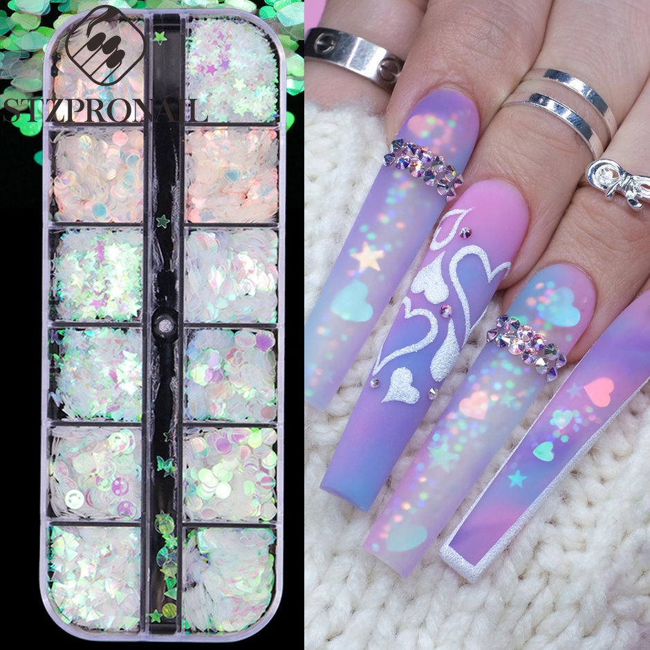 Mermaid AB Holographic เล็บ Art Flakes คริสตัล Love Heart Star Spangles Aurora Sequins Paillettes โปร่งแสงตกแต่งชิ้น
