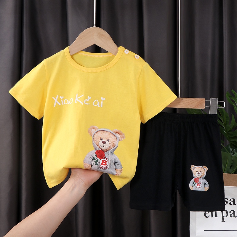 73-130เซนติเมตรเด็กผ้าฝ้ายแท้แขนสั้นชุดแฟชั่นการ์ตูนพิมพ์เสื้อยืดเด็กด้านบนกางเกงสองชิ้นเวอร์ชั่นเกาหลีเสื้อผ้าเด็ก