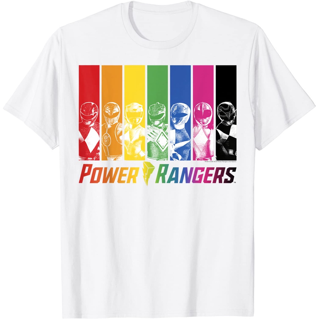 เสื้อยืดพิมพ์ลายแฟชั่น เสื้อยืด พิมพ์ลาย Power Rangers Group Shot สีรุ้ง