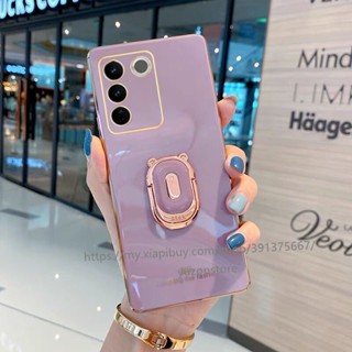 พร้อมส่ง เคสโทรศัพท์มือถือ TPU นิ่ม ขอบตรง ลายการ์ตูนหมี พร้อมขาตั้ง สําหรับ VIVO V27 Pro 5G V27e Y02A Y02 เคส Phone Case